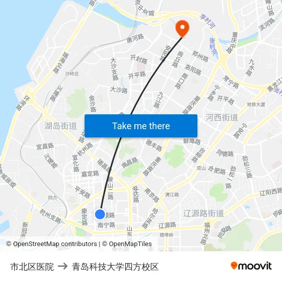 市北区医院 to 青岛科技大学四方校区 map