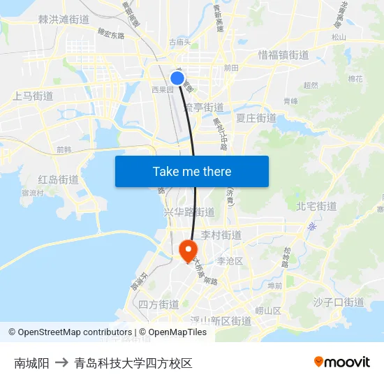 南城阳 to 青岛科技大学四方校区 map