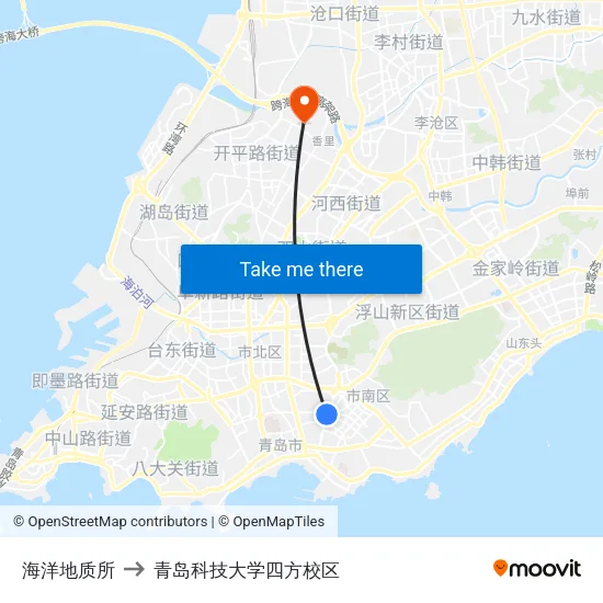 海洋地质所 to 青岛科技大学四方校区 map