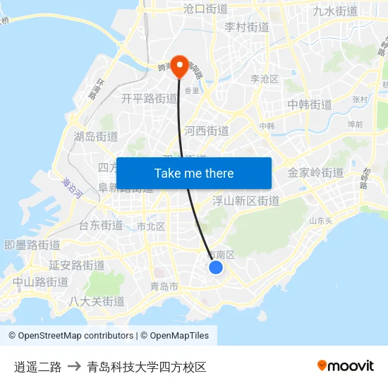逍遥二路 to 青岛科技大学四方校区 map