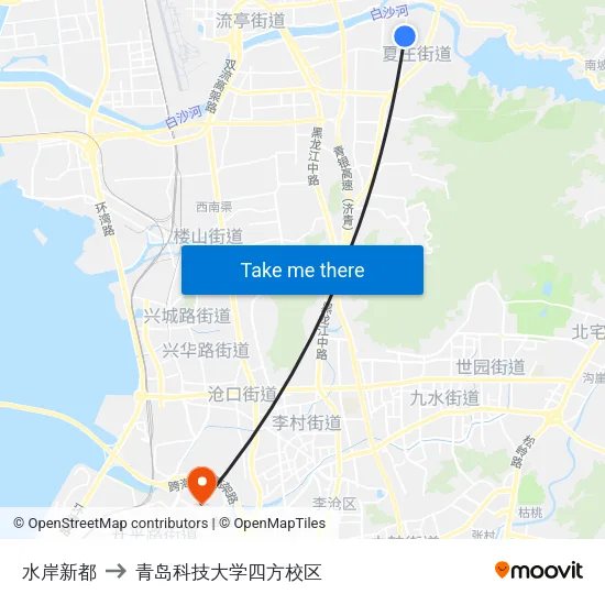 水岸新都 to 青岛科技大学四方校区 map