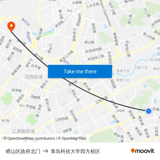 崂山区政府北门 to 青岛科技大学四方校区 map