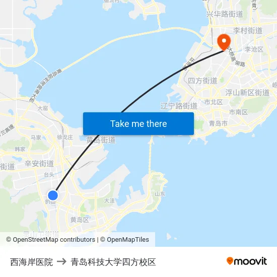 西海岸医院 to 青岛科技大学四方校区 map