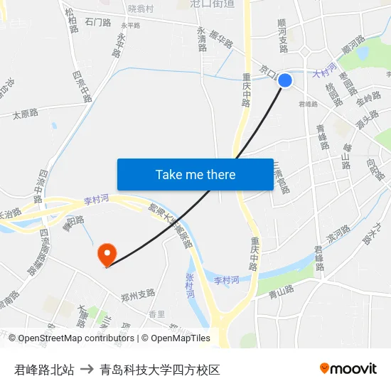君峰路北站 to 青岛科技大学四方校区 map