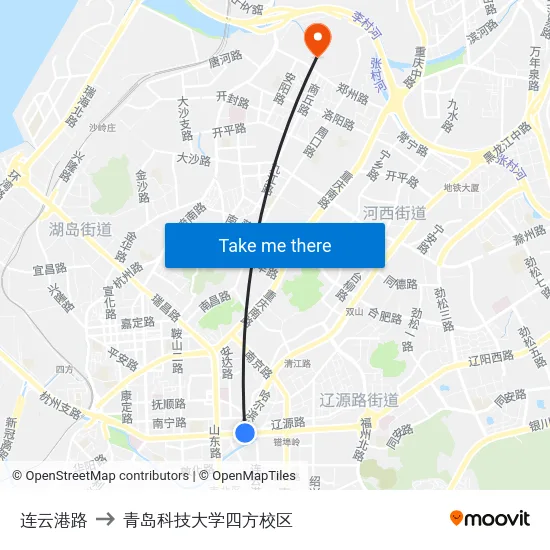 连云港路 to 青岛科技大学四方校区 map