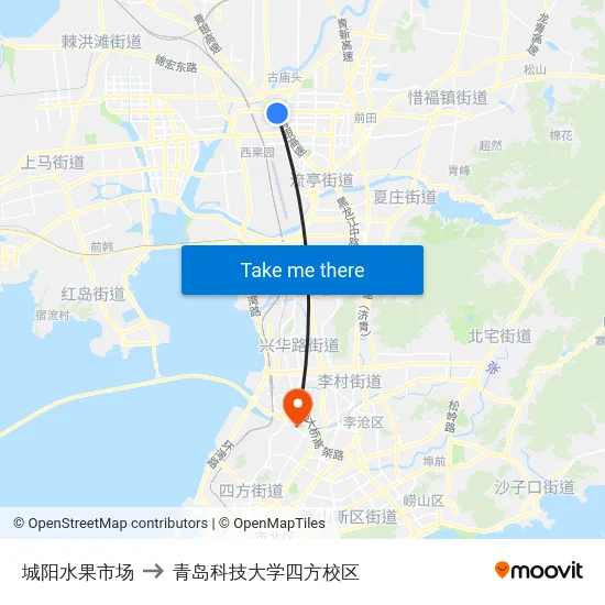 城阳水果市场 to 青岛科技大学四方校区 map