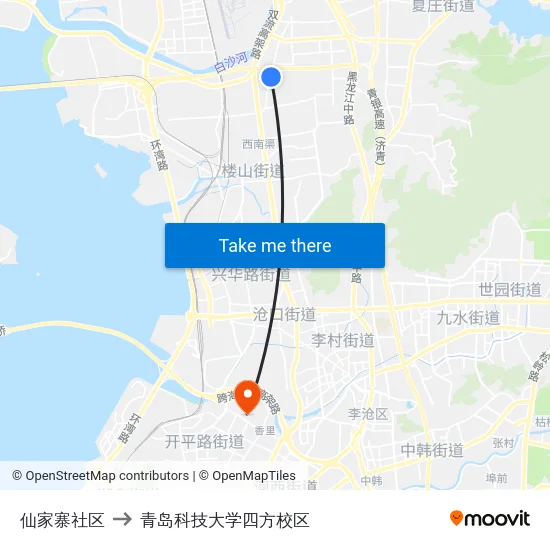 仙家寨社区 to 青岛科技大学四方校区 map