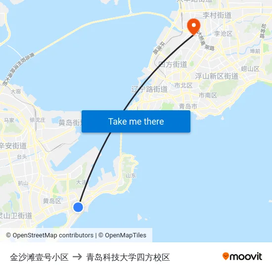 金沙滩壹号小区 to 青岛科技大学四方校区 map
