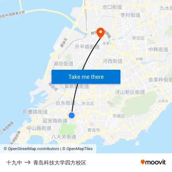 十九中 to 青岛科技大学四方校区 map