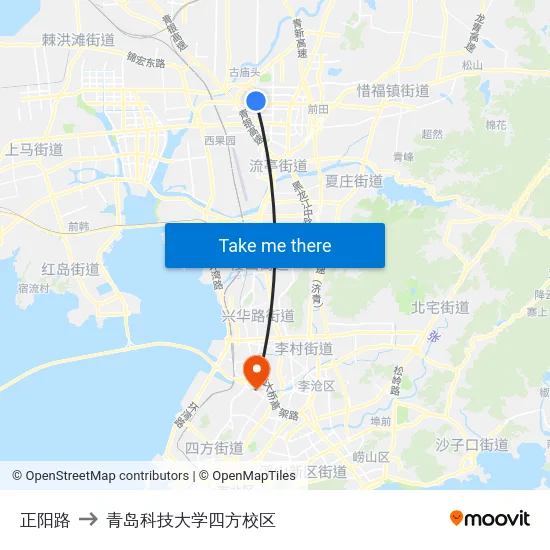 正阳路 to 青岛科技大学四方校区 map