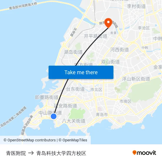 青医附院 to 青岛科技大学四方校区 map