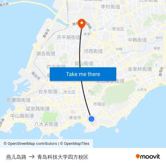 燕儿岛路 to 青岛科技大学四方校区 map