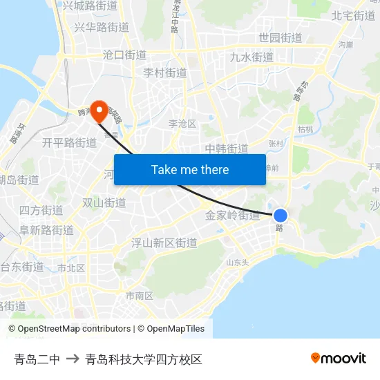 青岛二中 to 青岛科技大学四方校区 map