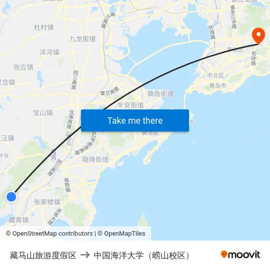 藏马山旅游度假区 to 中国海洋大学（崂山校区） map