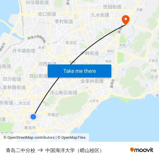 青岛二中分校 to 中国海洋大学（崂山校区） map