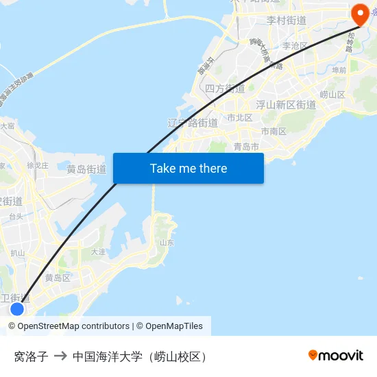窝洛子 to 中国海洋大学（崂山校区） map