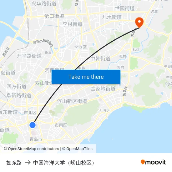 如东路 to 中国海洋大学（崂山校区） map