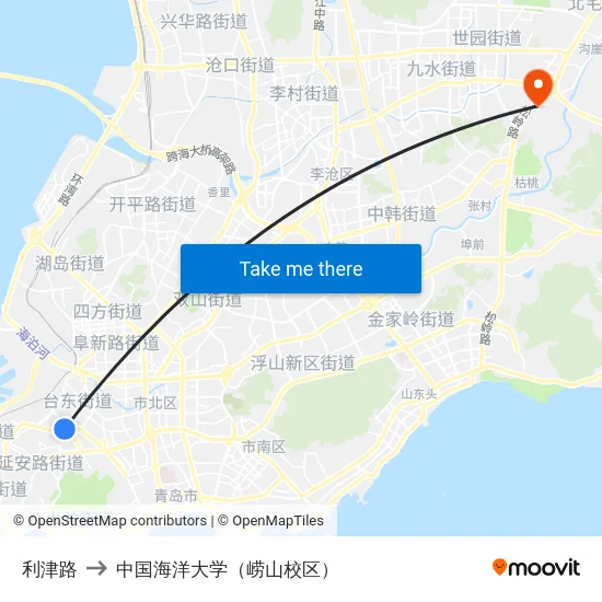 利津路 to 中国海洋大学（崂山校区） map