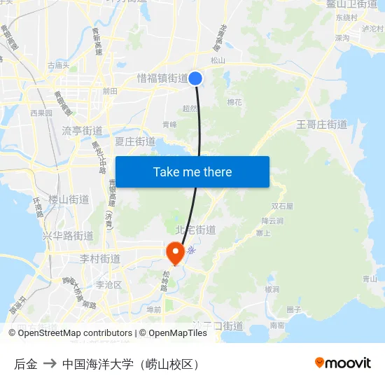 后金 to 中国海洋大学（崂山校区） map