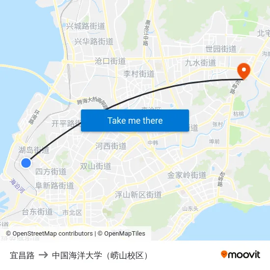 宜昌路 to 中国海洋大学（崂山校区） map