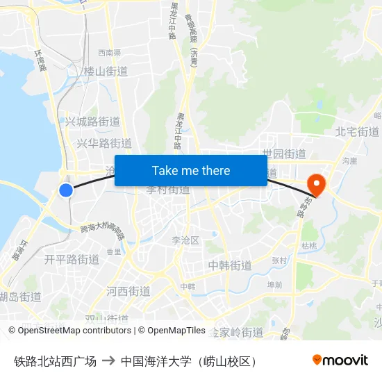 铁路北站西广场 to 中国海洋大学（崂山校区） map