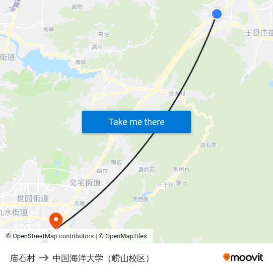 庙石村 to 中国海洋大学（崂山校区） map