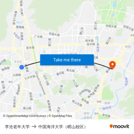 李沧老年大学 to 中国海洋大学（崂山校区） map