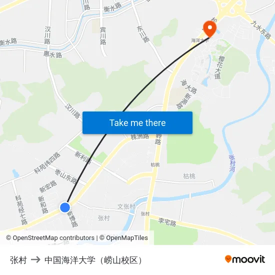 张村 to 中国海洋大学（崂山校区） map