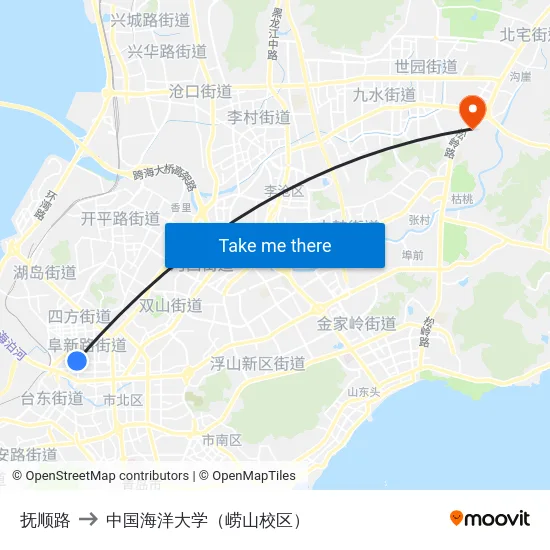 抚顺路 to 中国海洋大学（崂山校区） map