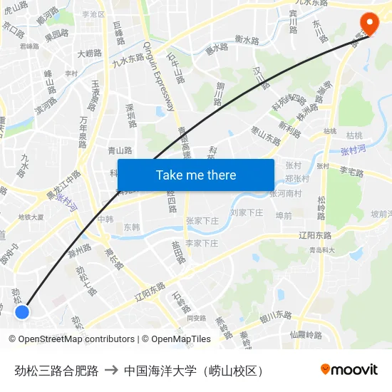 劲松三路合肥路 to 中国海洋大学（崂山校区） map