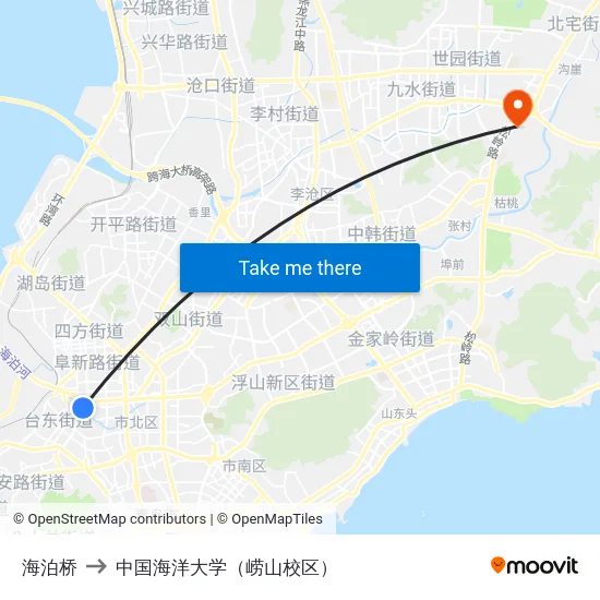 海泊桥 to 中国海洋大学（崂山校区） map