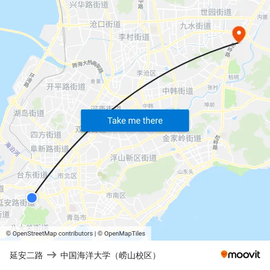 延安二路 to 中国海洋大学（崂山校区） map