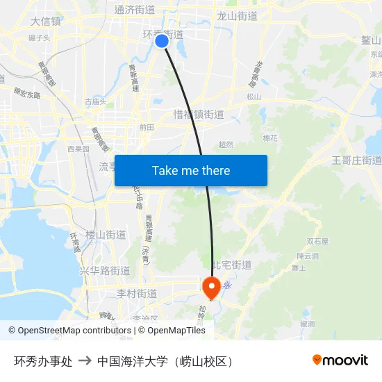 环秀办事处 to 中国海洋大学（崂山校区） map
