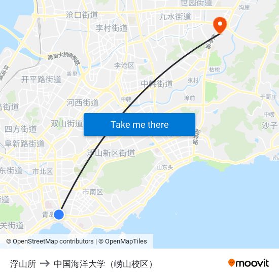 浮山所 to 中国海洋大学（崂山校区） map