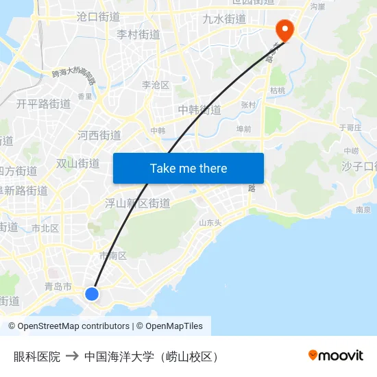 眼科医院 to 中国海洋大学（崂山校区） map