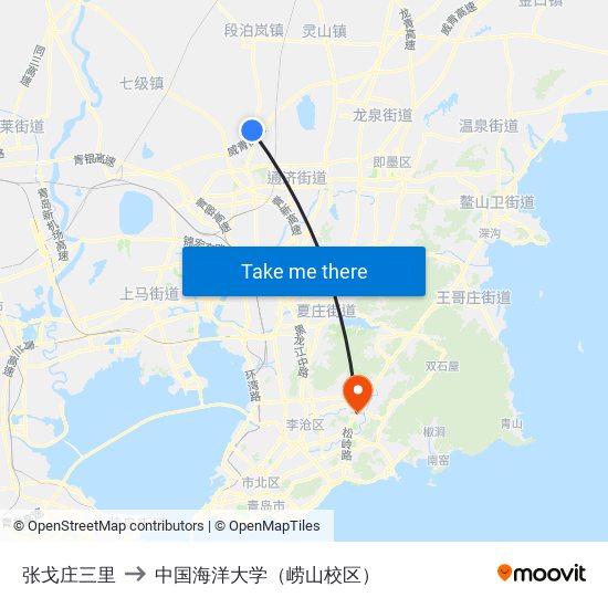 张戈庄三里 to 中国海洋大学（崂山校区） map