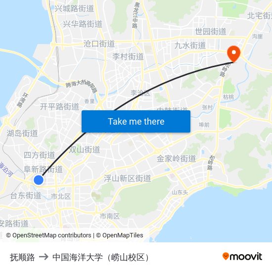 抚顺路 to 中国海洋大学（崂山校区） map