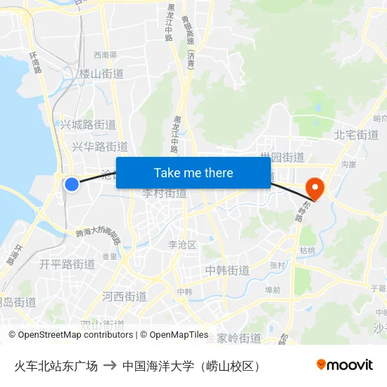火车北站东广场 to 中国海洋大学（崂山校区） map