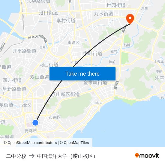 二中分校 to 中国海洋大学（崂山校区） map