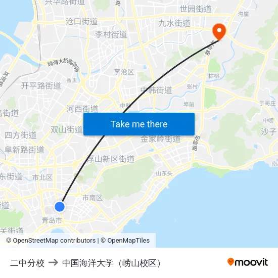 二中分校 to 中国海洋大学（崂山校区） map