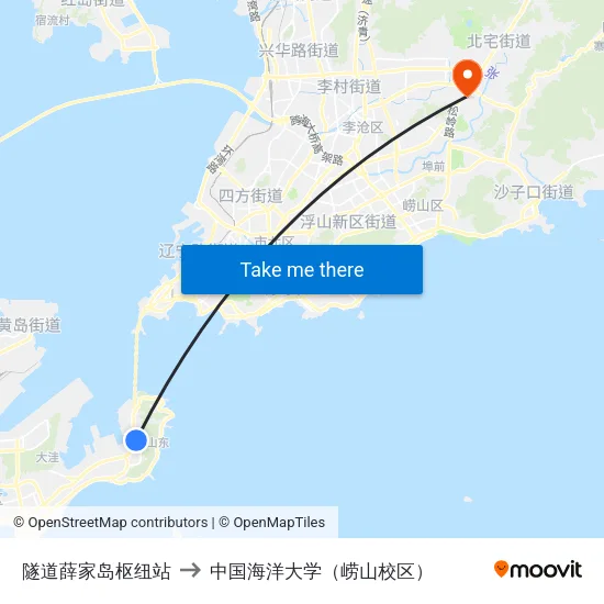 隧道薛家岛枢纽站 to 中国海洋大学（崂山校区） map