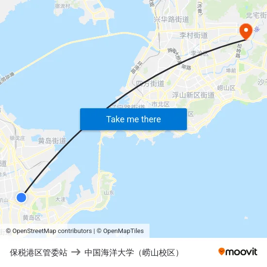 保税港区管委站 to 中国海洋大学（崂山校区） map