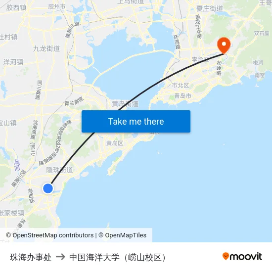 珠海办事处 to 中国海洋大学（崂山校区） map