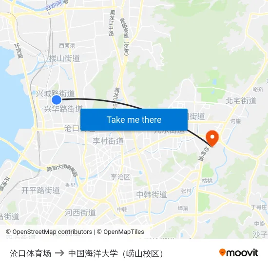 沧口体育场 to 中国海洋大学（崂山校区） map