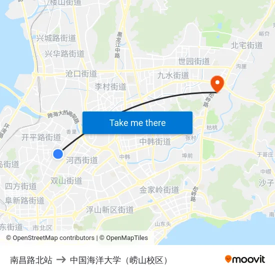 南昌路北站 to 中国海洋大学（崂山校区） map