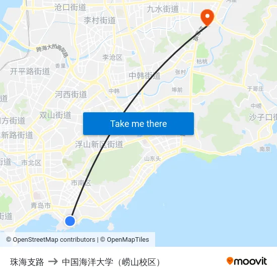 珠海支路 to 中国海洋大学（崂山校区） map