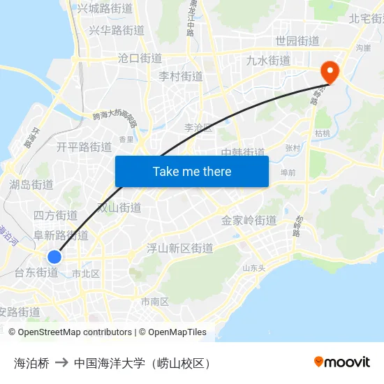 海泊桥 to 中国海洋大学（崂山校区） map