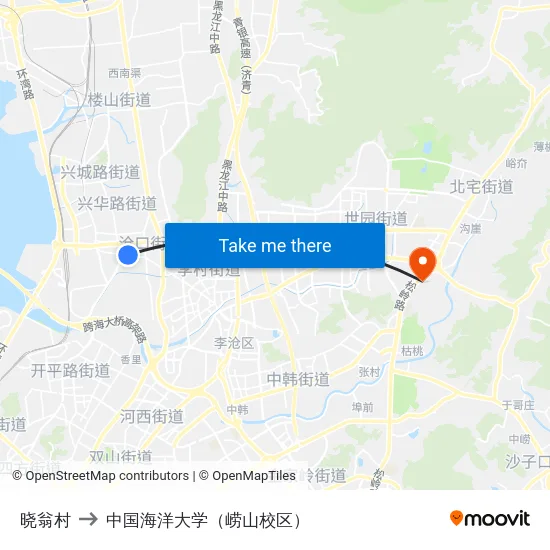 晓翁村 to 中国海洋大学（崂山校区） map