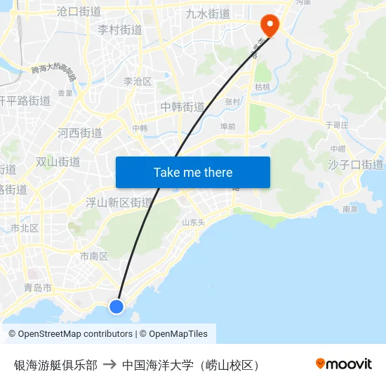 银海游艇俱乐部 to 中国海洋大学（崂山校区） map