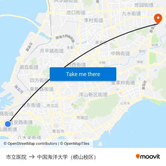 市立医院 to 中国海洋大学（崂山校区） map